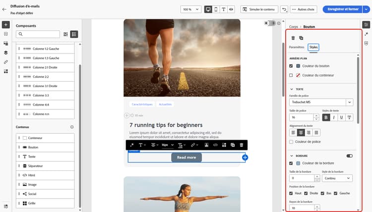 Capture d’écran montrant l’onglet Paramètres pour les composants de contenu dans le concepteur d’e-mail.