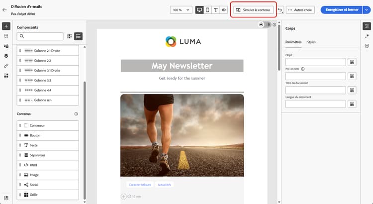 Capture d’écran affichant les options de simulation dans le Concepteur d’e-mail.