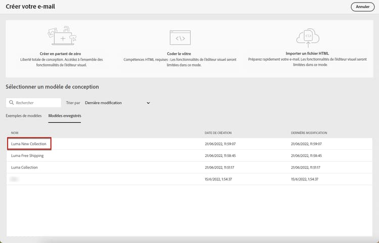 Modèle enregistré dans le Concepteur d’e-mail