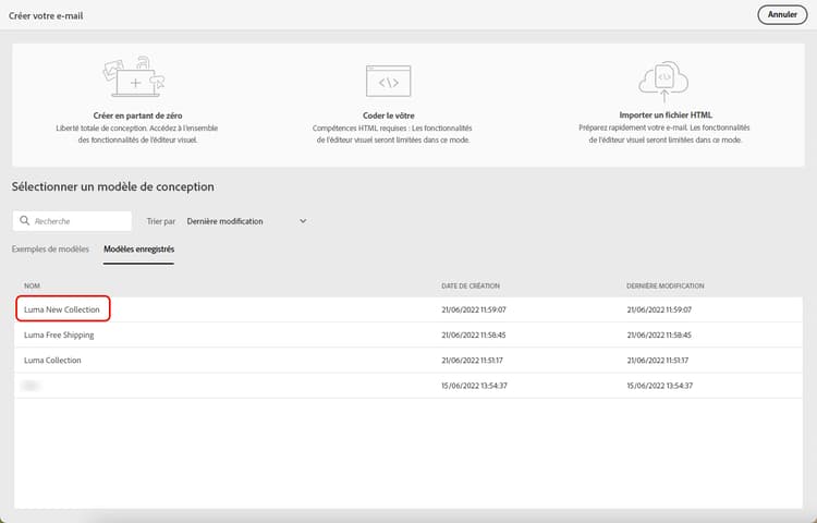 Modèle enregistré dans le Concepteur d’e-mail