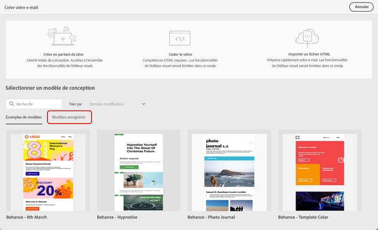 Onglet Modèles enregistrés dans le concepteur d’e-mail