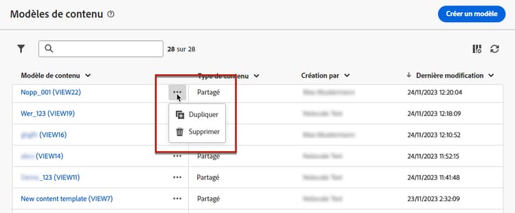 Supprimer un modèle de contenu du tableau de bord