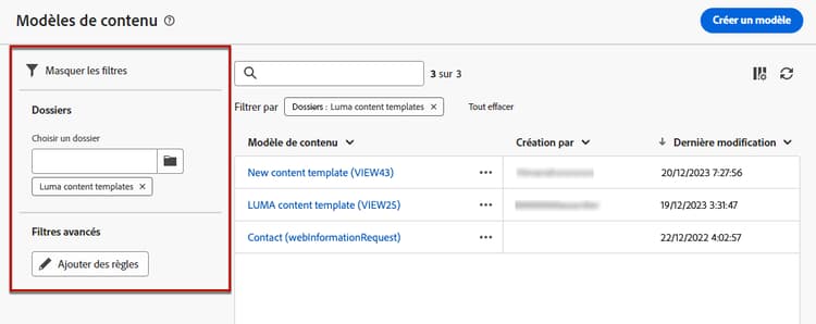 Filtres de liste de modèles de contenu pour les dossiers et les règles