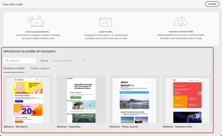 Options du Concepteur d’e-mail pour la création de modèles