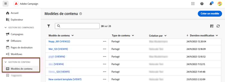 Tableau de bord de la liste des modèles de contenu affichant les modèles disponibles