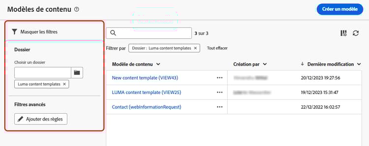 Filtres de liste de modèles de contenu pour les dossiers et les règles