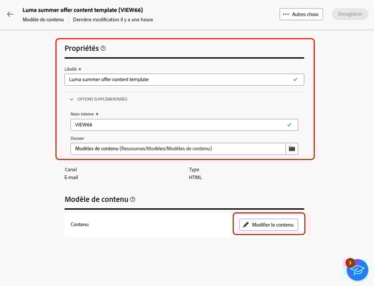 Option Modifier le modèle de contenu