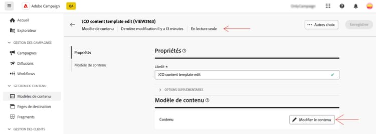 Mode lecture seule pour les modèles de contenu