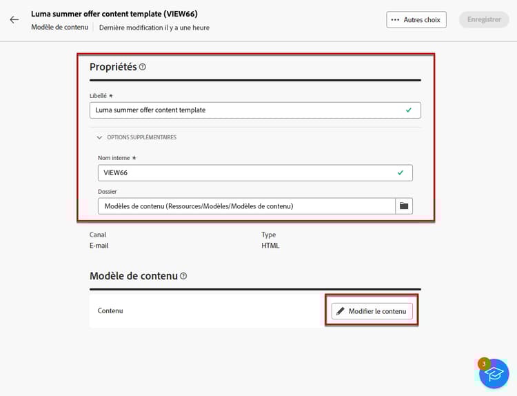 Option Modifier le modèle de contenu