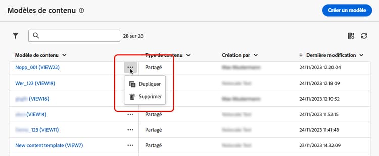 Supprimer un modèle de contenu du tableau de bord