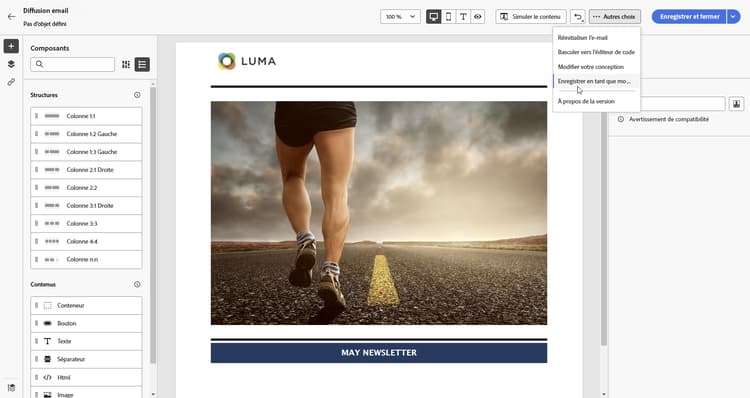 Option Enregistrer en tant que modèle de contenu dans le Concepteur d’e-mail