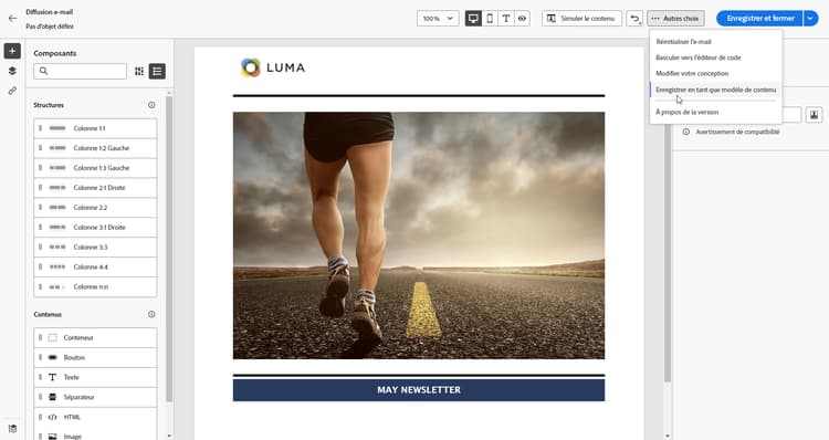 Option Enregistrer en tant que modèle de contenu dans le Concepteur d’e-mail