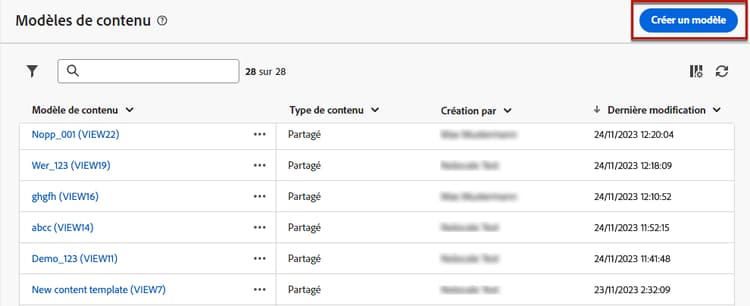 Bouton Créer un modèle de contenu dans le tableau de bord