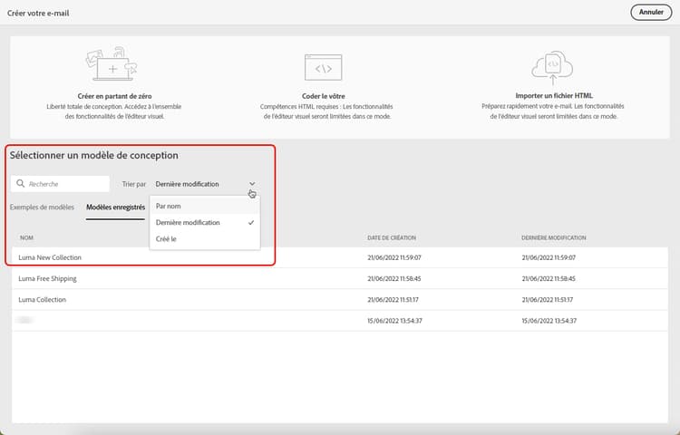 Liste des modèles enregistrés dans le concepteur d’e-mail