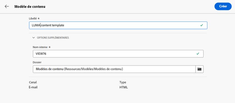 Écran de détails du modèle pour le libellé et les propriétés