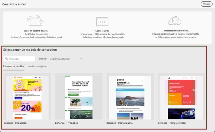 Options du Concepteur d’e-mail pour la création de modèles