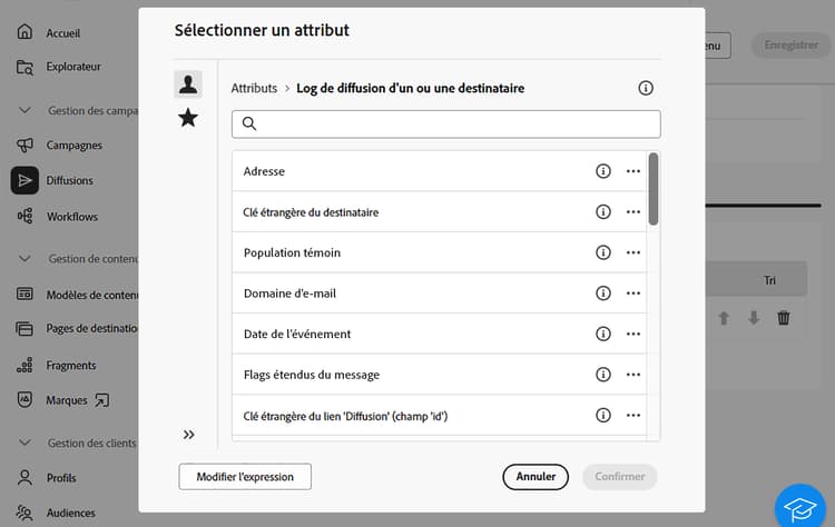 Capture d’écran affichant le bouton Ajouter un attribut et les options permettant d’ajouter des attributs au fichier d’extraction.
