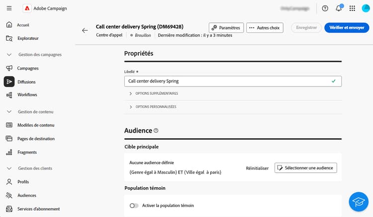 Capture d’écran montrant l’option Vérifier et envoyer dans la page de diffusion