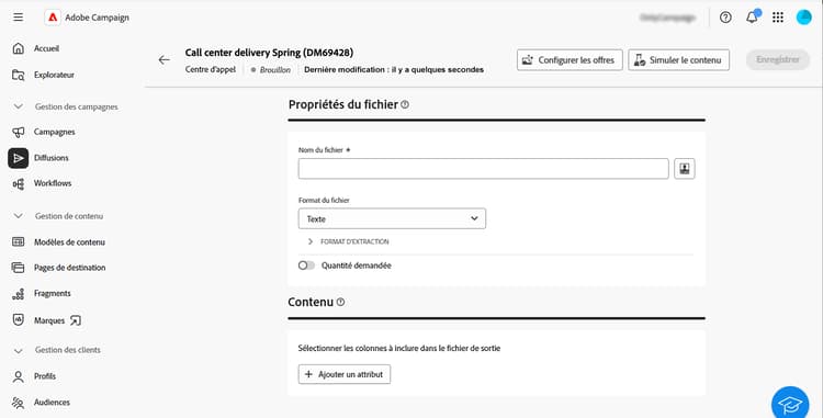 Capture d’écran montrant la modification du contenu pour une diffusion de centre d’appel