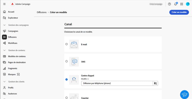 Capture d’écran montrant la création d’une diffusion de centre d’appel