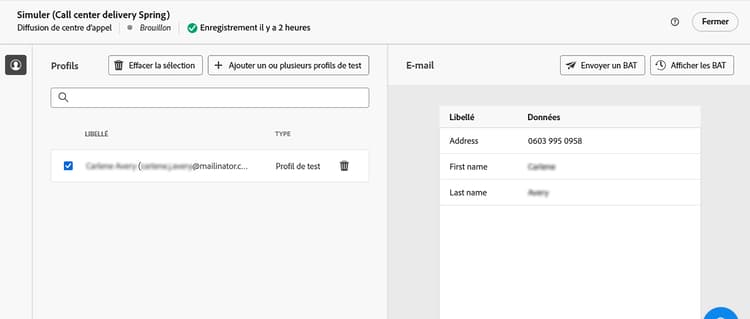 Capture d’écran montrant l’option Simuler du contenu dans la page du contenu de la diffusion