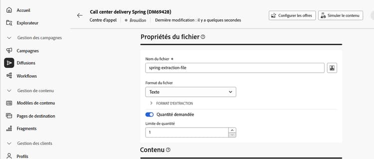 Capture d’écran montrant l’option Simuler du contenu dans la page du contenu de la diffusion