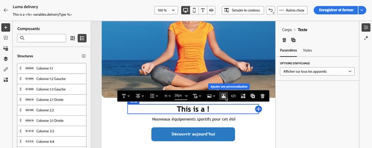 Capture d’écran montrant l’utilisation de la variable deliveryType dans la personnalisation