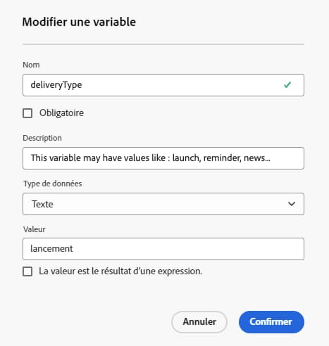 Capture d’écran montrant la définition de la variable deliveryType