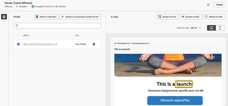 Capture d’écran montrant la simulation du contenu avec la variable deliveryType