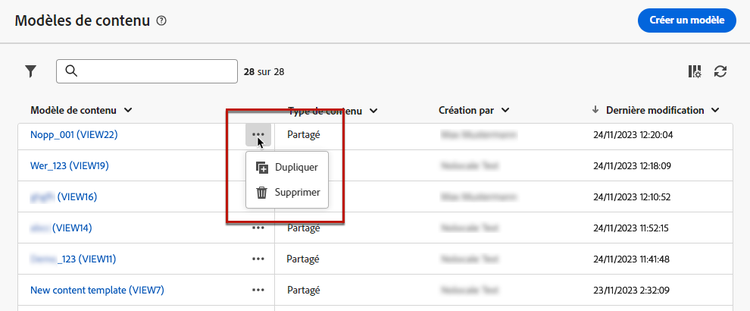 Suppression d’un modèle de contenu du tableau de bord