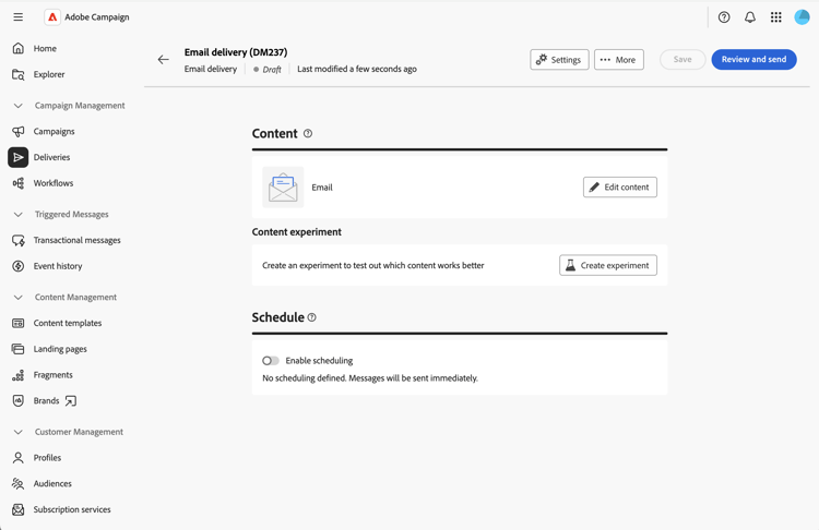 Capture d’écran affichant le bouton Créer une expérience dans les propriétés d’e-mail