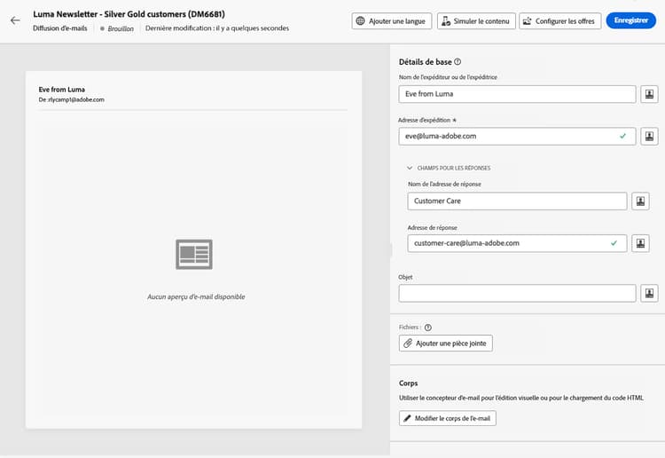 Capture d’écran montrant l’interface du concepteur d’e-mail