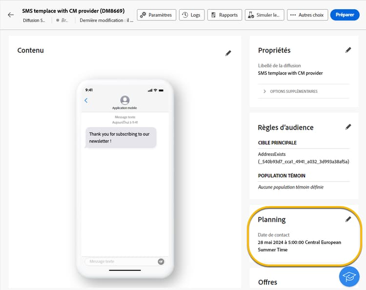 Vérifier le planning des SMS