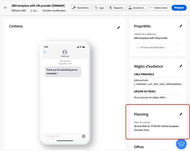 Vérifier le planning des SMS