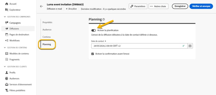 Activer la planification et définir la date et l’heure