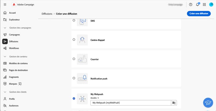 Capture d’écran affichant la création d’une diffusion personnalisée