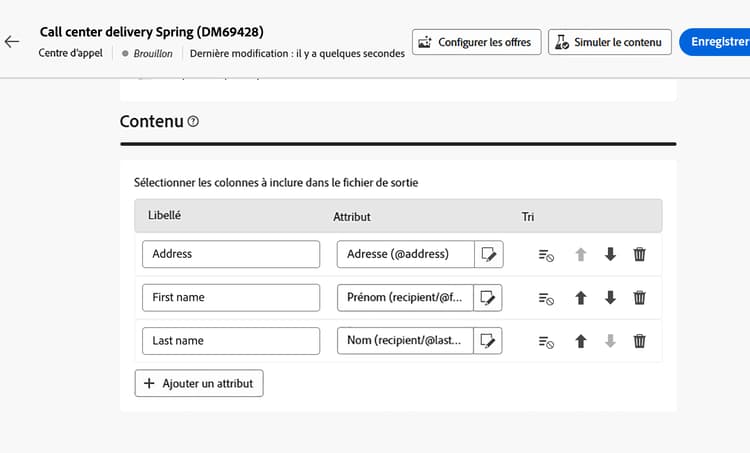 Capture d’écran affichant les options de configuration des attributs pour le fichier d’extraction
