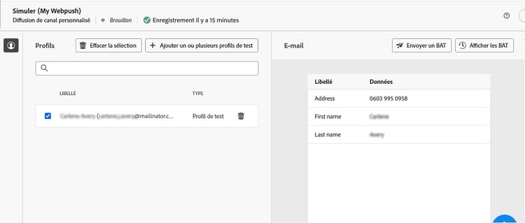 Capture d’écran montrant l’option Simuler du contenu dans la page du contenu de la diffusion