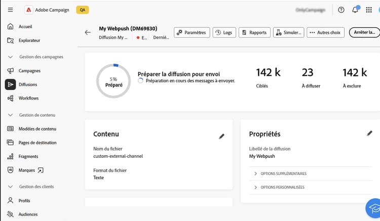 Capture d’écran montrant l’option de préparation et le menu de logs
