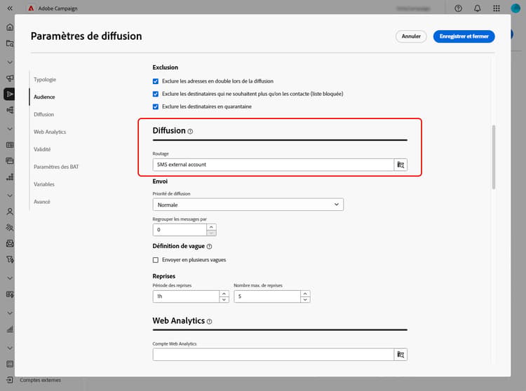 Configuration du routage de la diffusion externe