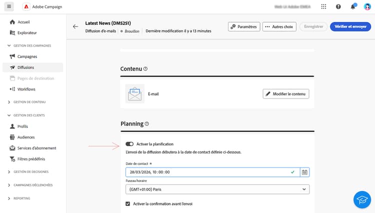 Capture d’écran affichant l’interface de planning d’une diffusion
