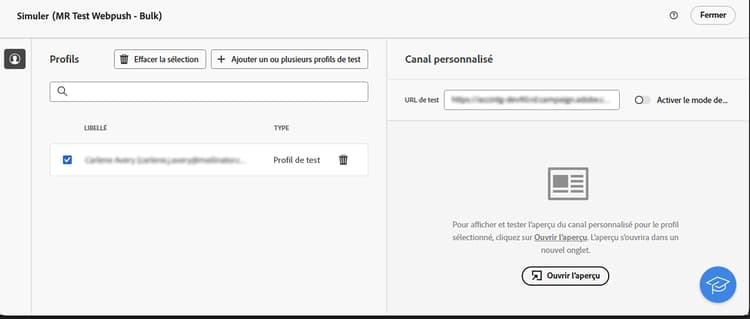 Copie d’écran montrant l’option Simuler du contenu dans la page du contenu de la diffusion pour l’API.