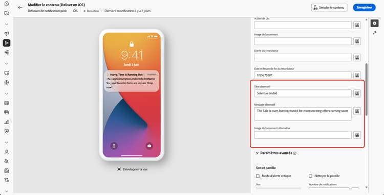 Écran des paramètres de la variante du message