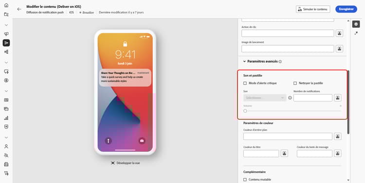 Écran des paramètres de son et de pastilles