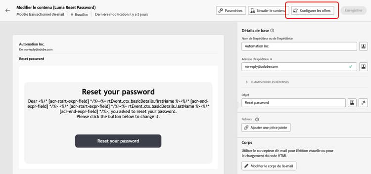 Capture d’écran affichant la configuration des offres dans les messages transactionnels.