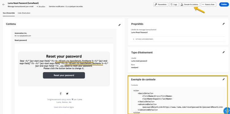 Capture d’écran montrant la vérification des chemins de personnalisation dans le contenu du message