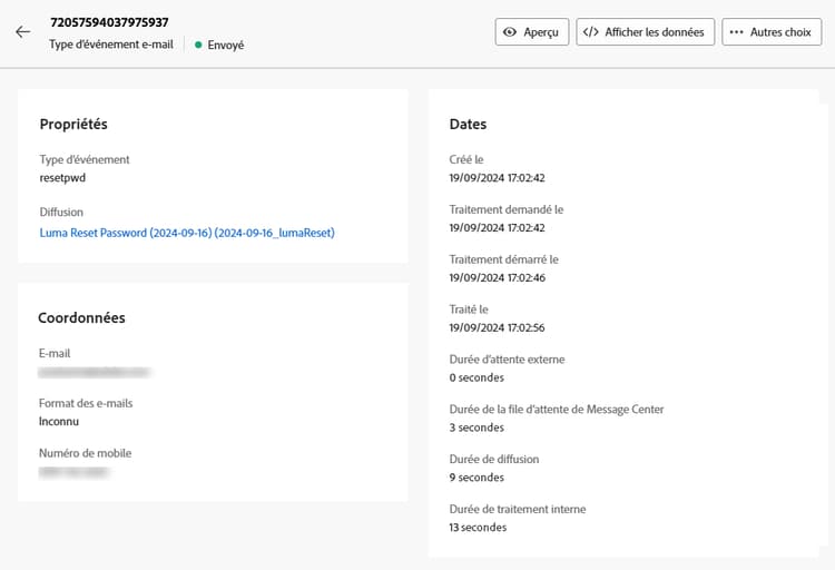 Capture d’écran présentant des informations détaillées sur l’événement, notamment les options de prévisualisation et d’affichage des données.