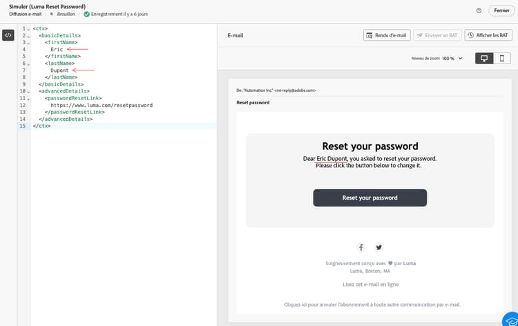 Capture d’écran affichant l’aperçu du modèle de message transactionnel.