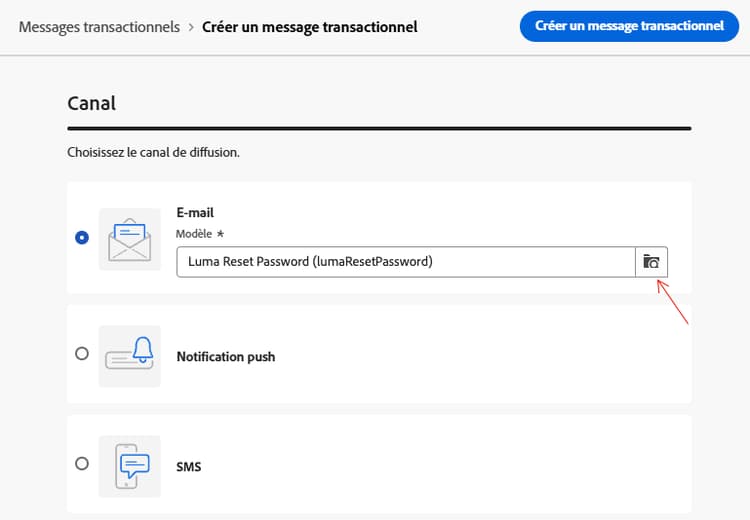 Capture d’écran affichant la sélection du canal pour les messages transactionnels.