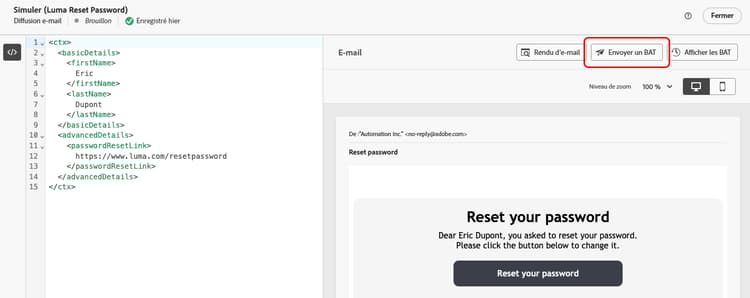 Capture d’écran montrant le bouton Envoyer le BAT dans la fenêtre de contenu de la simulation